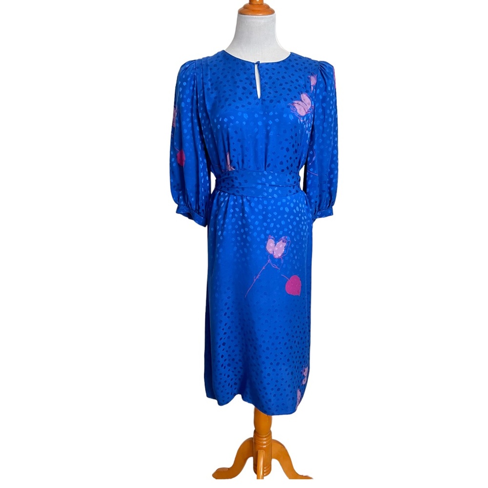 Vintage 1980s Flora Kung for I. Magnin Silk Blue Abstract Print Tunic Tie Dress